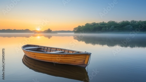 Tranquil wooden boat on calm lake at dawn  creating a serene and peaceful nature landscape.
