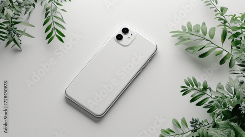 Smartphone with blank screen mockup and green leaves on white background