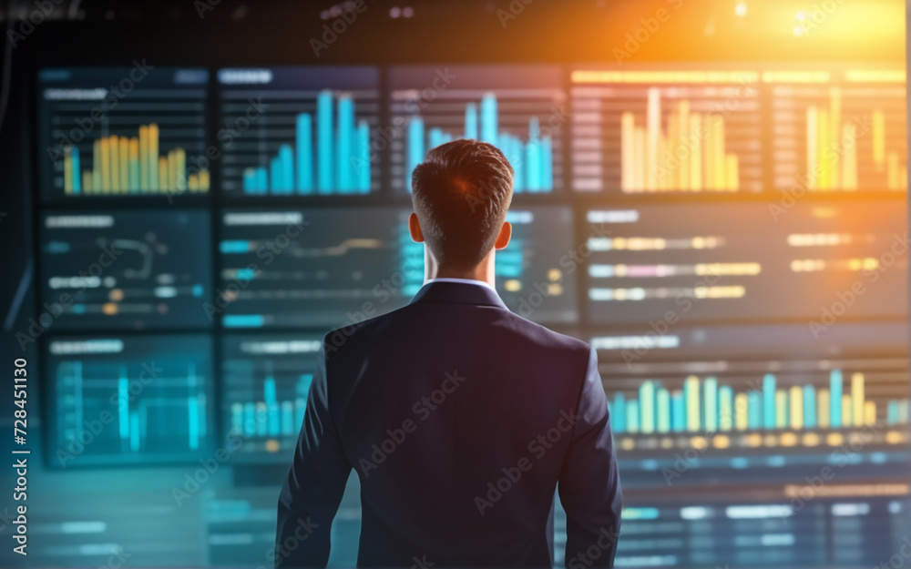 Back of a businessman in front of professional key performance indicator KPI metrics dashboard with screens and charts for sales and business results evaluation and KPI review Back of a businessman in front of professional key performance indicator KPI metrics dashboard with screens and charts for sales and business results evaluation and KPI review