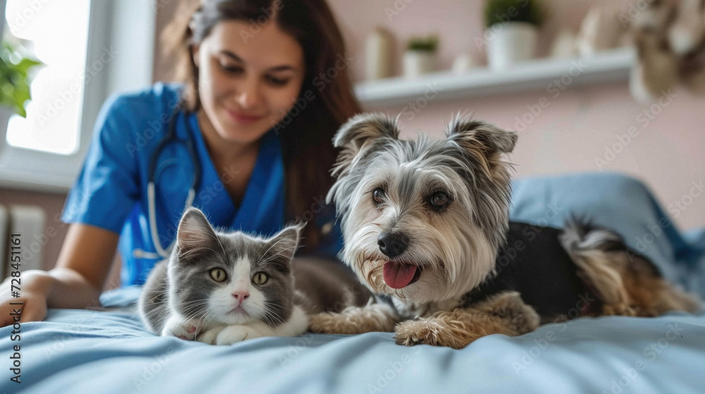 Selective focus of veterinarian with cute dog and cat lying on bed Selective focus of veterinarian with cute dog and cat lying on bed