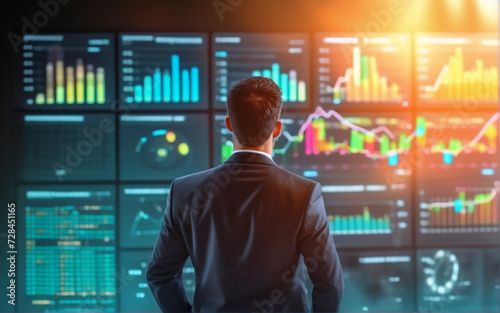 Back of a businessman in front of professional key performance indicator KPI metrics dashboard with screens and charts for sales and business results evaluation and KPI review