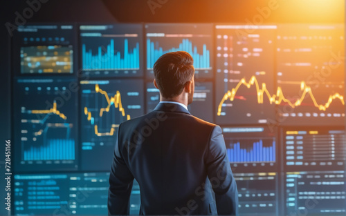 Back of a businessman in front of professional key performance indicator KPI metrics dashboard with screens and charts for sales and business results evaluation and KPI review