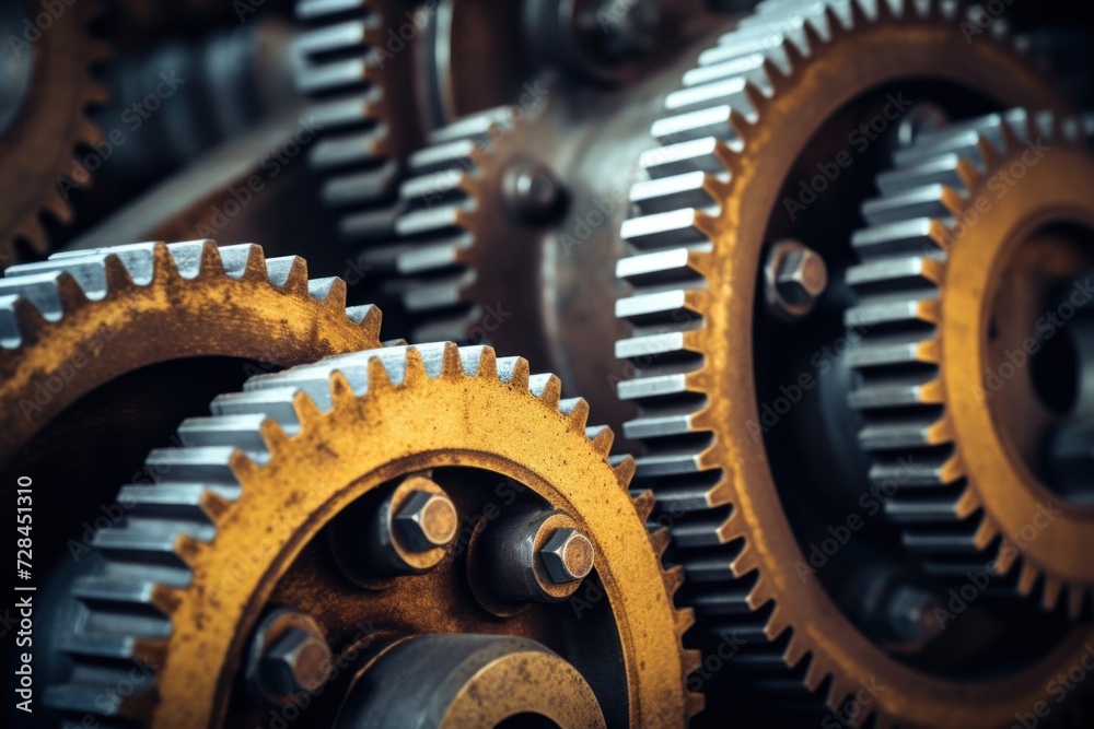 Close-up of assorted metal gears, showcasing industrial engineering and mechanical design. Close-up of assorted metal gears, showcasing industrial engineering and mechanical design.
