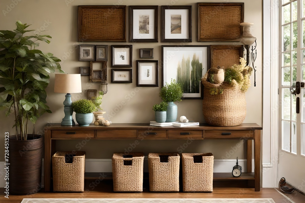 Design a functional entryway with a stylish console table and organizational baskets  - obrazy, fototapety, plakaty 