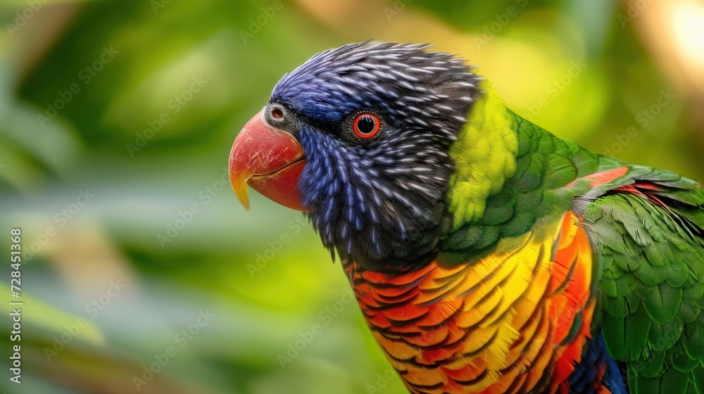 Side view of a beautiful colorful Papagai parrot bird in blurred background