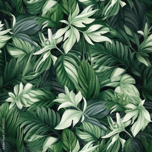 A vibrant and detailed pattern of lush green foliage, illustrating the diversity and beauty of plant leaves in various shades and shapes.