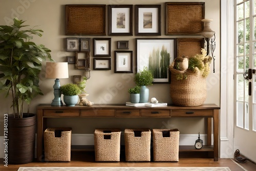Design a functional entryway with a stylish console table and organizational baskets 