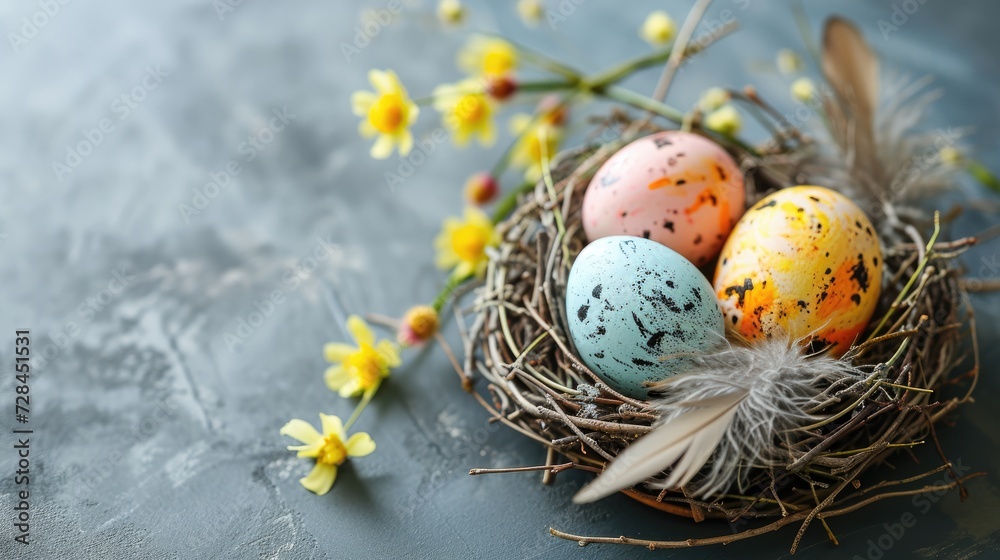 Easter composition natural twig nest cradling speckled easter eggs adorned with delicate feathers on a gray slate background. Easter card with copy space Easter composition natural twig nest cradling speckled easter eggs adorned with delicate feathers on a gray slate background. Easter card with copy space