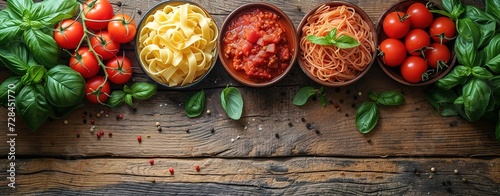 Food background. Italian food background with pasta, ravioli, tomatoes, olives and basil photo
