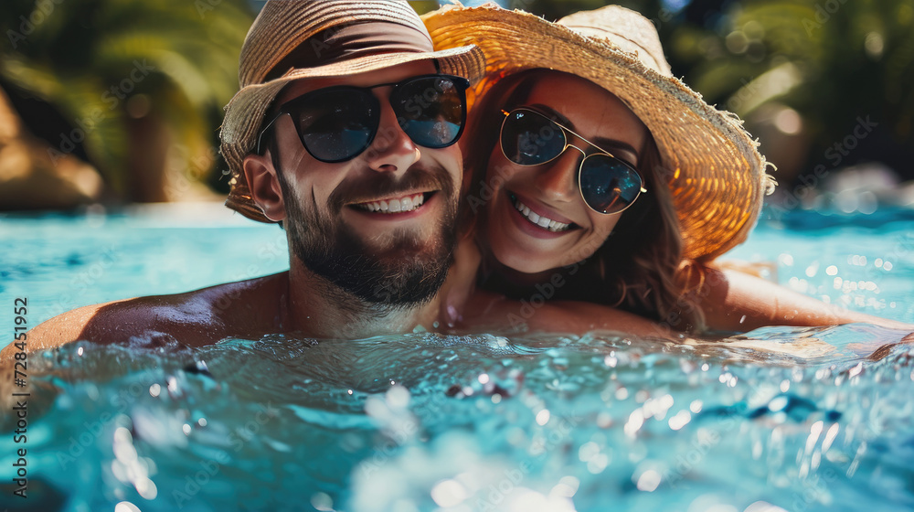 Young couple wearing sunglasses, having fun and relaxing in resort swimming pool or sea. Summer holiday and vacations concept - obrazy, fototapety, plakaty 