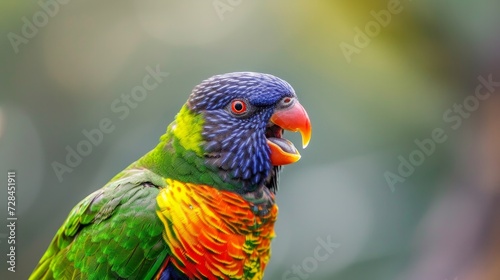 Side view of a beautiful colorful Papagai parrot bird in blurred background