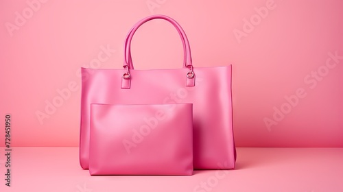 Close-up of a leather bag and clutch on a colored pink background with a copy space. Sale in stores, shopping, production concepts.