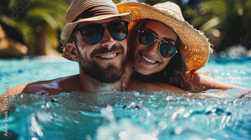 Young couple wearing sunglasses, having fun and relaxing in resort swimming pool or sea. Summer holiday and vacations concept