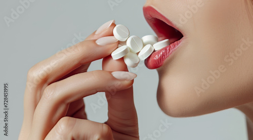 close-up pouring a handful of antidepressants into  mouth  