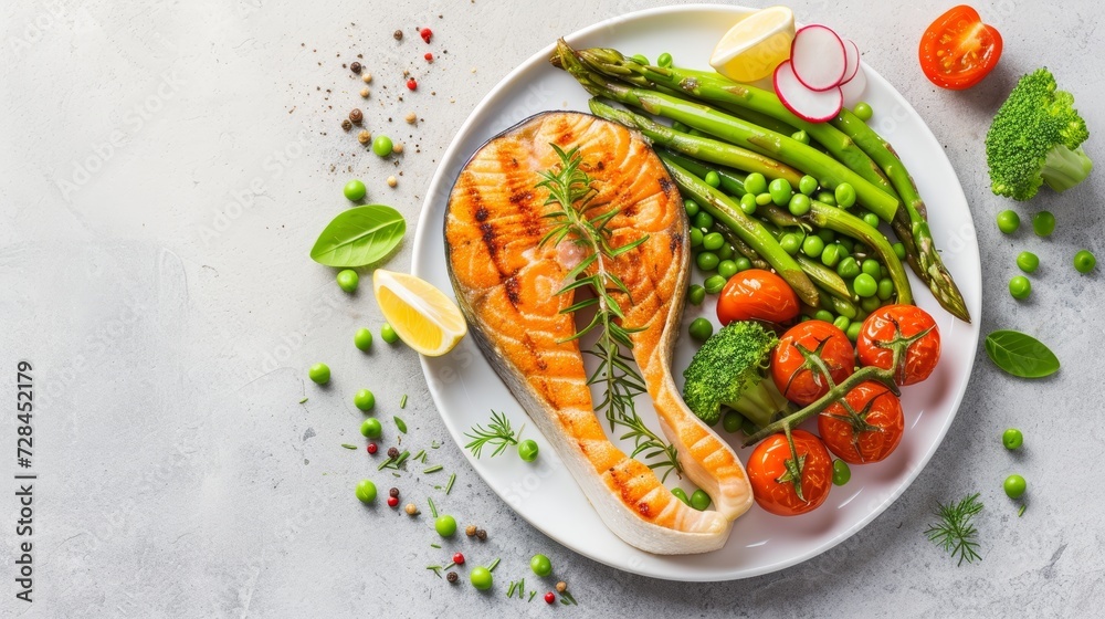 Roasted salmon steak with fresh vegetables on white plate, perfect for text placement.