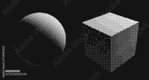 Abstract Graphic Design 3D Forms Elements. Trendy Shapes Sphere and Cube with Bitmap Raster Dithering Effect. Y2K Geometric Shapes. Brutalist Design. Vector Dither Gradient Effect.