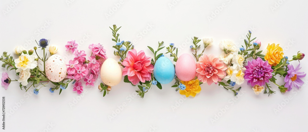 A creative arrangement of Easter eggs and a vibrant line of spring flowers on a white background. Easter card with copy space A creative arrangement of Easter eggs and a vibrant line of spring flowers on a white background. Easter card with copy space