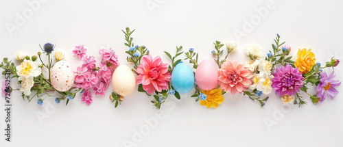 A creative arrangement of Easter eggs and a vibrant line of spring flowers on a white background. Easter card with copy space