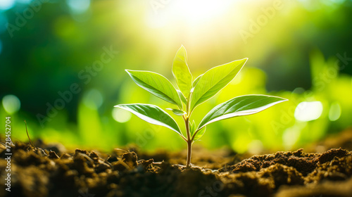 Close-up sapling in the soil with sunray. Environmental conservation. Reforestation concept. Ecosystem restoration. 