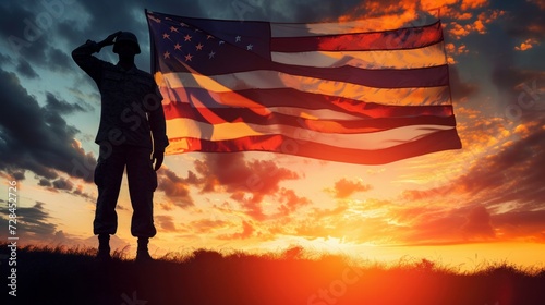 Silhouette of a USA armed forces soldier saluting against the backdrop of a waving national flag during sunset. Reflecting themes of military victory, glory, and fallen remembrance.