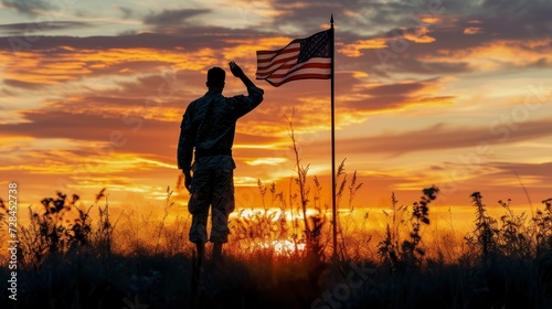 Silhouette of a USA armed forces soldier saluting against the backdrop of a waving national flag during sunset. Reflecting themes of military victory, glory, and fallen remembrance.