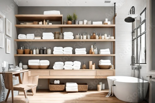 Opt for open shelving in the bathroom to showcase stylish towels and toiletries  photo