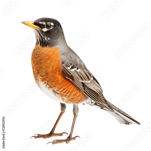 American robin standing side view isolated on white background, photo realistic. © Pixel Pine