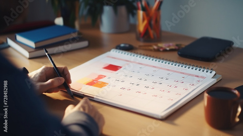 Reminder appointment calendar for organizer agenda time table and event planner organize and schedule activity. Man pointing on calendar or schedule to marking color paper note target date appointing photo