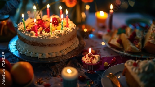 birthday cake with candles party concept, showcasing an impeccably arranged scene of a delightful cake, lit candles, and vibrant party elements