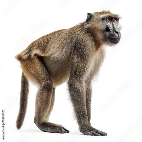 Baboon monkey standing side view isolated on white background, photo realistic.