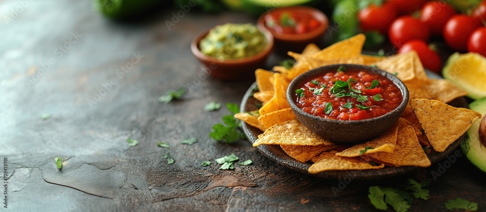 Nachos chips with melted cheese and dips variety in black bowl. Grey stone background Nachos chips with melted cheese and dips variety in black bowl. Grey stone background