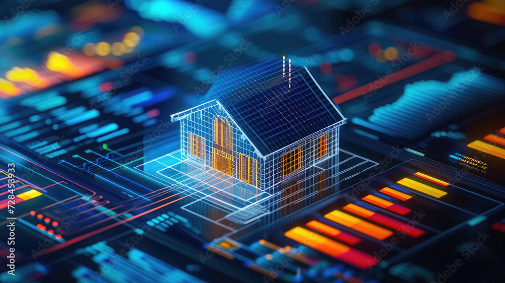 Obraz premium Abstract house on a blue background in the form of a circuit