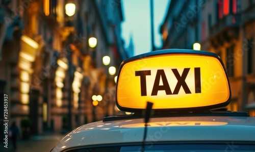 Picture of a taxi sign on a car roof. Taxi transport detail against night blur city.