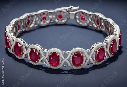 A red ruby-studded bracelet in white gold, against a rich blue background.