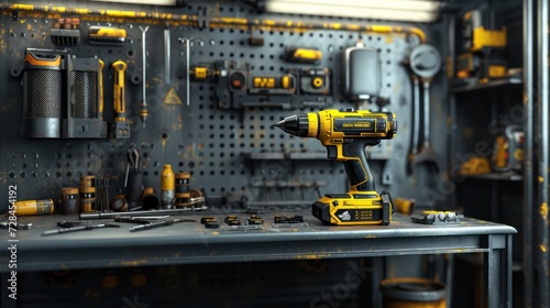 industrial tools with a black and yellow drill on a steel bench