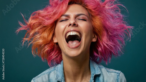 An excited woman with colorful hair is screaming created with Generative AI technology