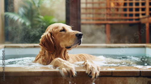 A serene golden retriever enjoys a relaxing spa bath, relaxing and enjoys a spa day. concept of services for dogs and pet care