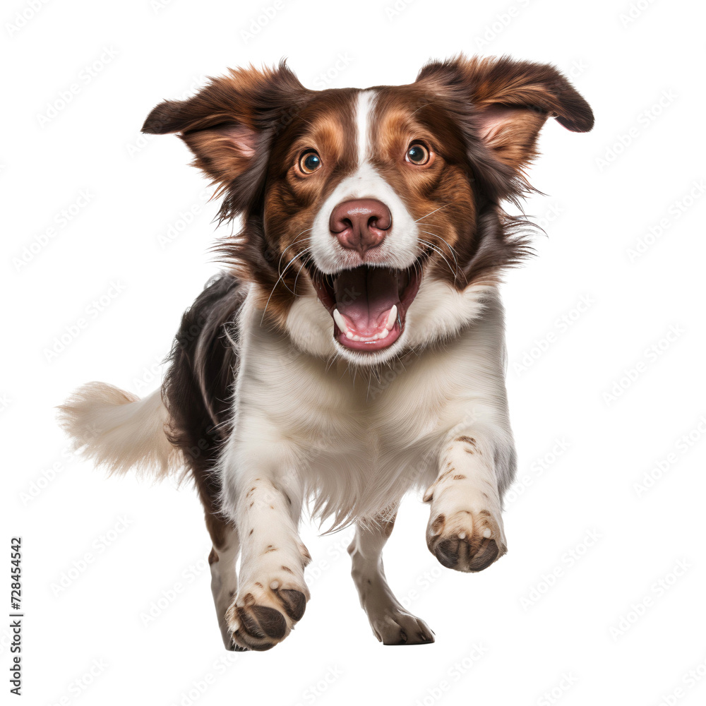 Australian shepherd puppy jumping with happy face, isolated on white background