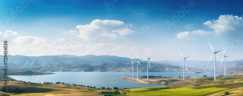 Wind turbines in beautiful landscape, production of clean and renewable energy, renewable and green energy concept