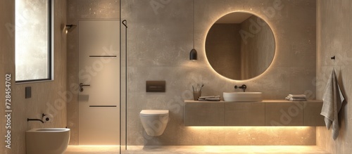 Interior design luxury beige toilet with a round mirror over washbasin into the cabinet.AI generated photo