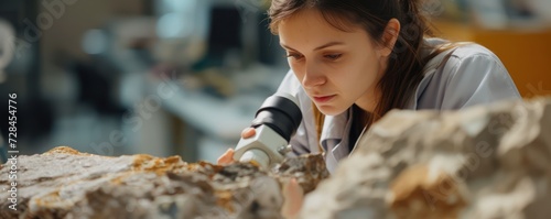 Female geologist researcher analyzing a rock at her workplace. photo