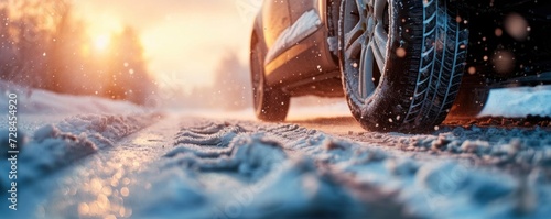 Winter tire in snow. Car tire on snowy road. Tires detail in witer time photo