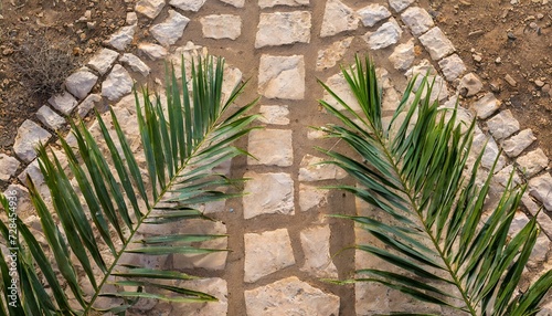 Palm Sunday. The Green Palm Laying On The Road On Desert.