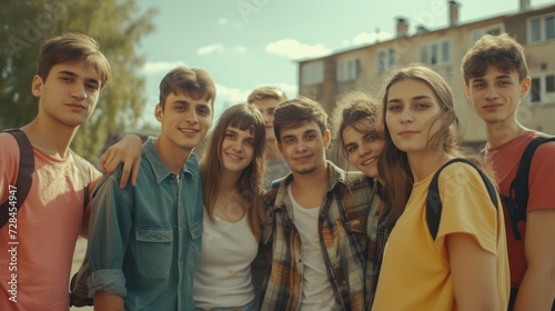 Group of several young people standing together. Several young men and women in casual clothes standing together, looking at the camera and smiling