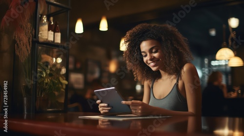 Happy woman enjoying online shopping with her credit card in a restaurant