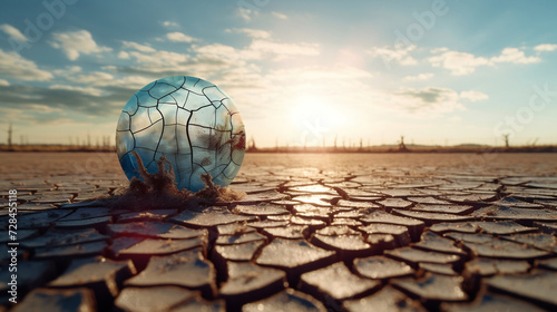 The globe disappears into the cracked barren land as the effects of global warming and extreme climate change. water soil environment concept