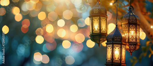 Illuminated Garland with Islamic lanterns on festive blurred backdrop. Moroccan lanterns at night. Glittering party garlands. Ramadan kareem, Eid Mubarak. Eastern holiday design photo
