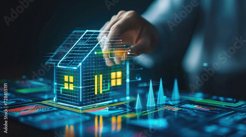 Close up of businessman hand touching virtual house hologram on dark background