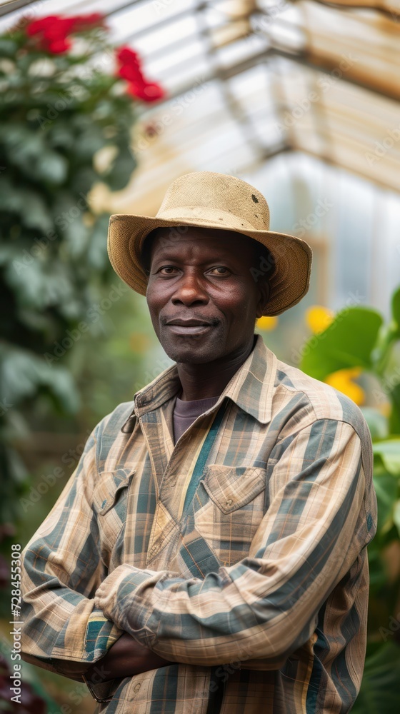 photo Portrait african male gardener in greenhouse