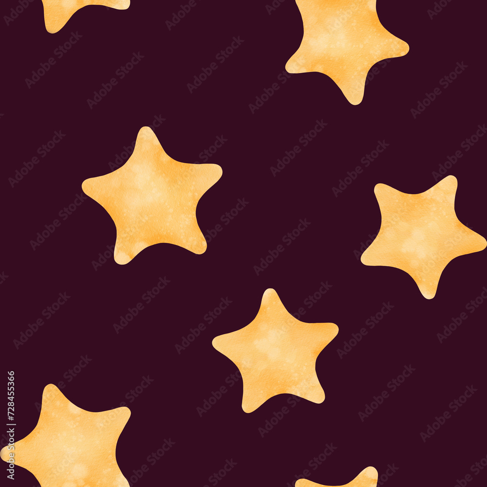 seamless watercolor pattern depicting a celestial night sky with bright yellow stars. Ideal for adorning children's rooms, textiles, baby apparel, notebooks, pens, stationery, Dark background seamless watercolor pattern depicting a celestial night sky with bright yellow stars. Ideal for adorning children's rooms, textiles, baby apparel, notebooks, pens, stationery, Dark background